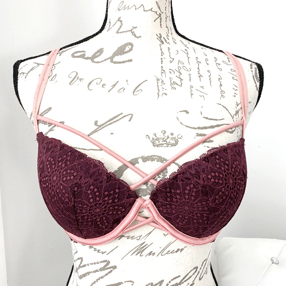 PINK Victoria’s Secret Strappy Front Date Underwire Push-Up Bra Wine Mauve 32DD